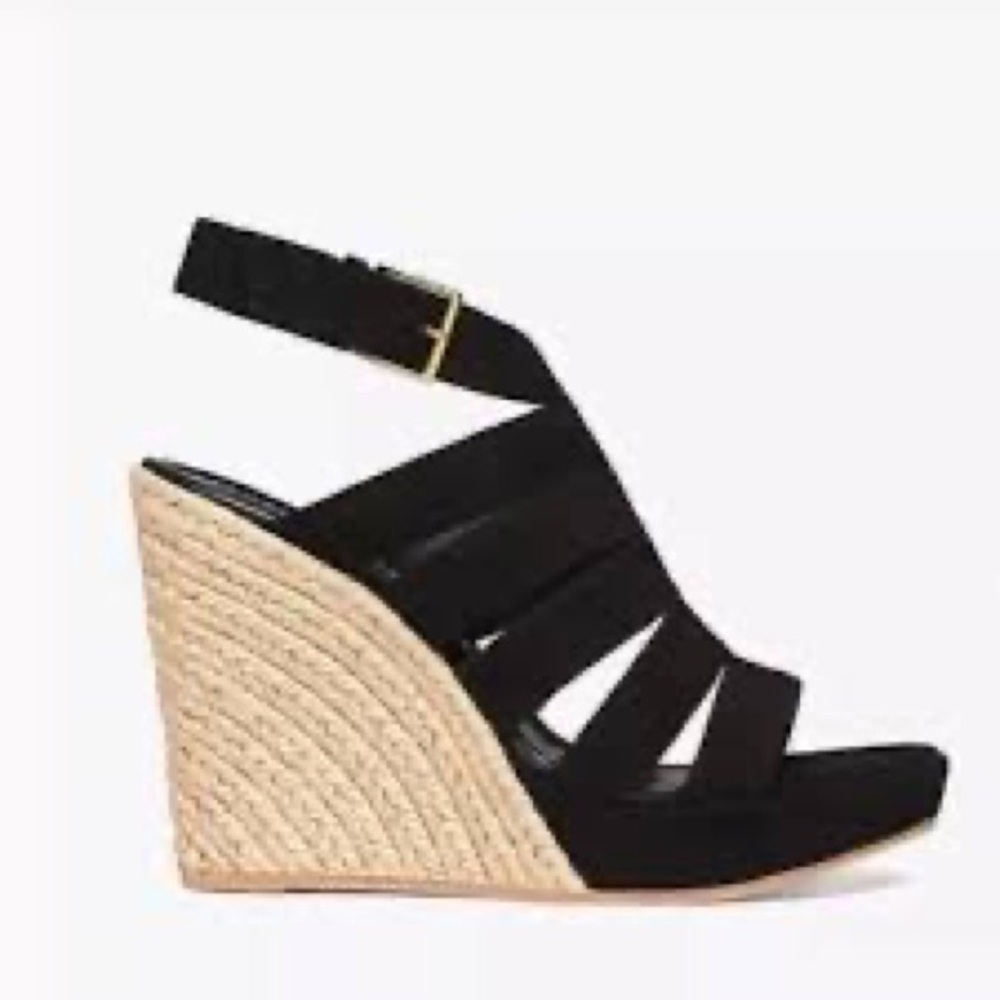 Tory Burch Black and Tan Wedge Sandals with Strappy Design